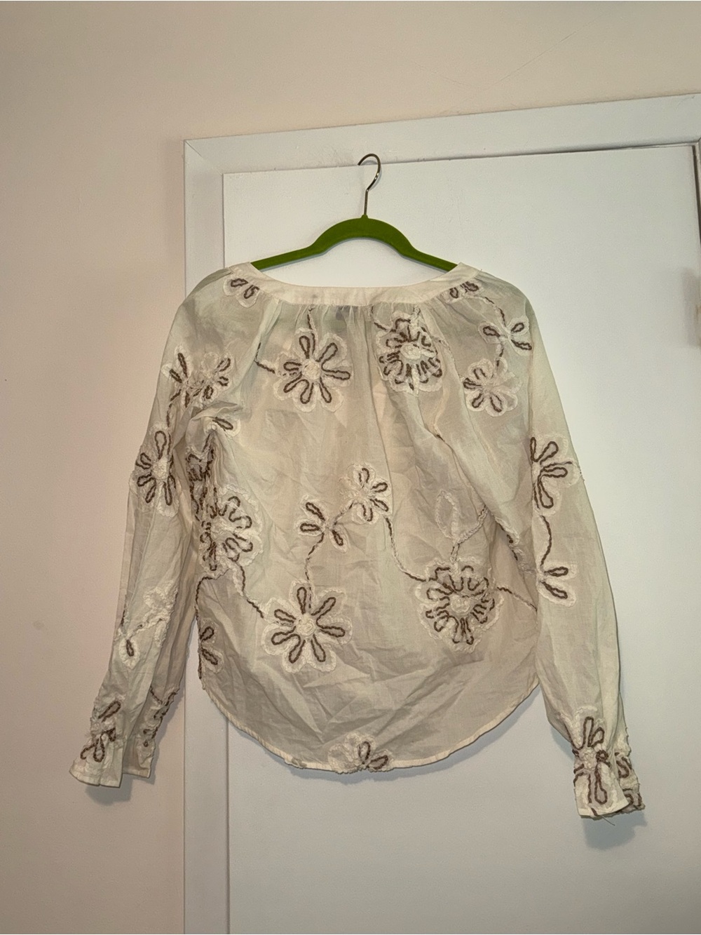 Embroidered Cream Tie-Neck Peasant Blouse - Women - Picture 7 of 7